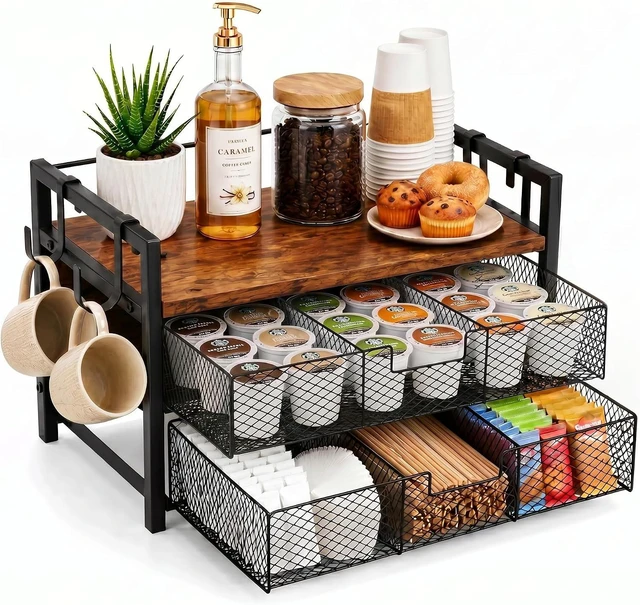 Main image of Coffee Station Organizer, Countertop Coffee Bar Holder with 2 Drawers, 4 Side Hooks, Holds 36 K Cups, Coffee Pods, Capsules, Rustic Brown Storage for Tea Bags, Syrup, Kitchen, Apartment, Home, Office