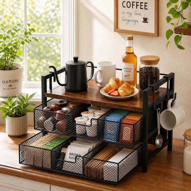 Alt view image 2 of 7 - Coffee Station Organizer, Countertop Coffee Bar Holder with 2 Drawers, 4 Side Hooks, Holds 36 K Cups, Coffee Pods, Capsules, Rustic Brown Storage for Tea Bags, Syrup, Kitchen, Apartment, Home, Office