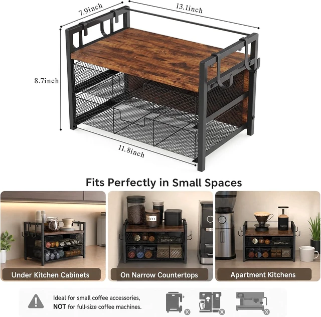 Alt view image 3 of 7 - Coffee Station Organizer, Countertop Coffee Bar Holder with 2 Drawers, 4 Side Hooks, Holds 36 K Cups, Coffee Pods, Capsules, Rustic Brown Storage for Tea Bags, Syrup, Kitchen, Apartment, Home, Office