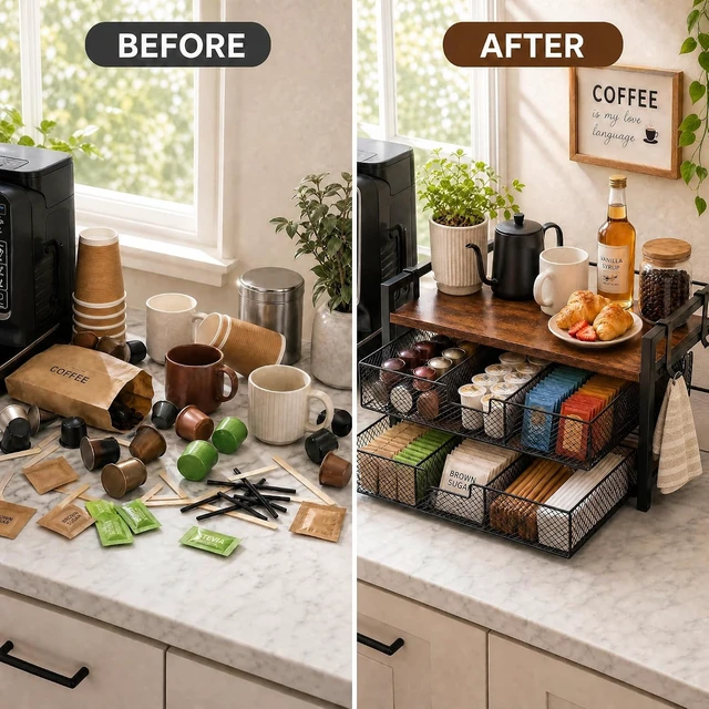 Alt view image 4 of 7 - Coffee Station Organizer, Countertop Coffee Bar Holder with 2 Drawers, 4 Side Hooks, Holds 36 K Cups, Coffee Pods, Capsules, Rustic Brown Storage for Tea Bags, Syrup, Kitchen, Apartment, Home, Office