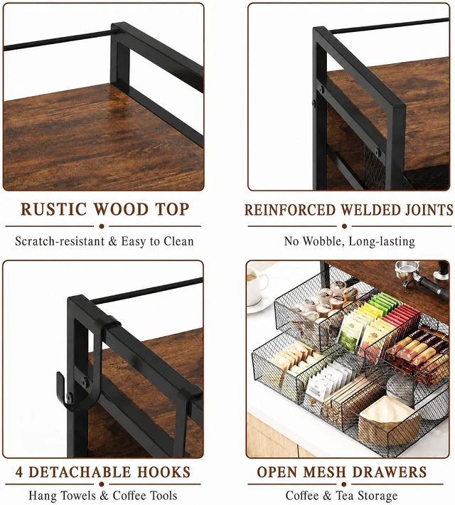 Alt view image 5 of 7 - Coffee Station Organizer, Countertop Coffee Bar Holder with 2 Drawers, 4 Side Hooks, Holds 36 K Cups, Coffee Pods, Capsules, Rustic Brown Storage for Tea Bags, Syrup, Kitchen, Apartment, Home, Office