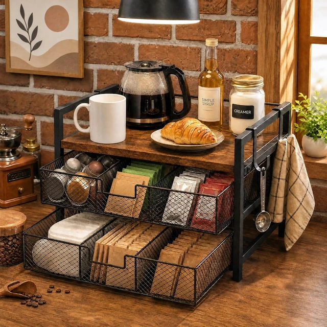 Alt view image 6 of 7 - Coffee Station Organizer, Countertop Coffee Bar Holder with 2 Drawers, 4 Side Hooks, Holds 36 K Cups, Coffee Pods, Capsules, Rustic Brown Storage for Tea Bags, Syrup, Kitchen, Apartment, Home, Office