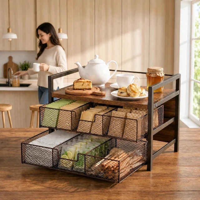 Alt view image 7 of 7 - Coffee Station Organizer, Countertop Coffee Bar Holder with 2 Drawers, 4 Side Hooks, Holds 36 K Cups, Coffee Pods, Capsules, Rustic Brown Storage for Tea Bags, Syrup, Kitchen, Apartment, Home, Office