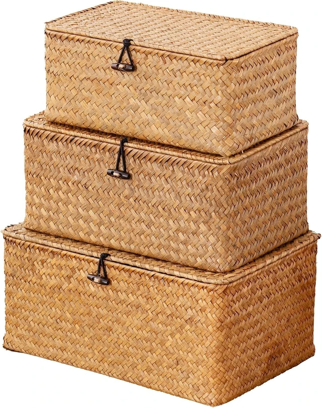 Main image of Wicker Storage Basket with Lid,Seagrass Shelf Basket Set of 3,Nautral