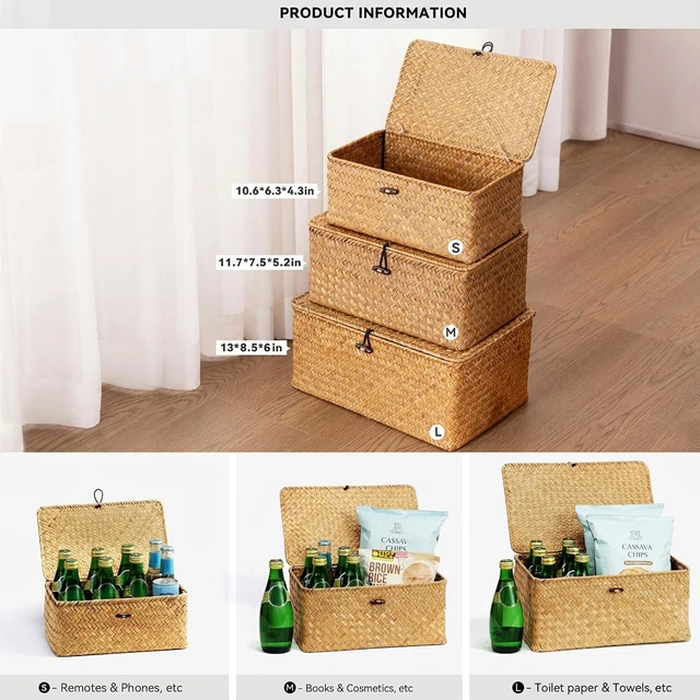 Alt view image 2 of 7 - Wicker Storage Basket with Lid,Seagrass Shelf Basket Set of 3,Nautral
