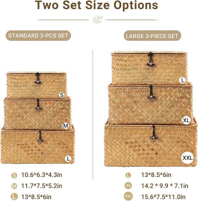 Alt view image 3 of 7 - Wicker Storage Basket with Lid,Seagrass Shelf Basket Set of 3,Nautral