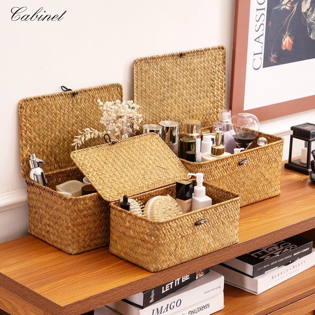 Alt view image 5 of 7 - Wicker Storage Basket with Lid,Seagrass Shelf Basket Set of 3,Nautral