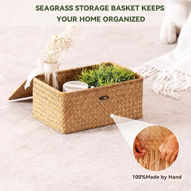 Alt view image 6 of 7 - Wicker Storage Basket with Lid,Seagrass Shelf Basket Set of 3,Nautral