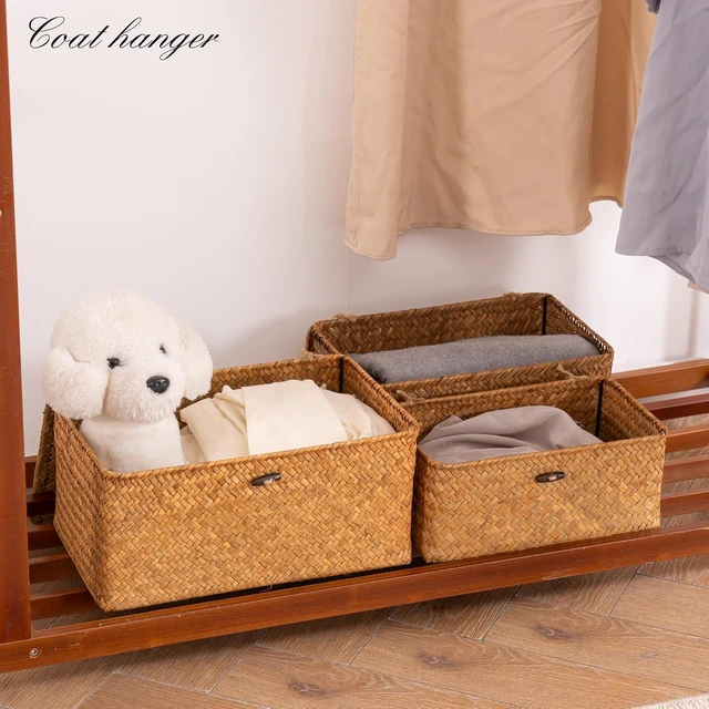 Alt view image 7 of 7 - Wicker Storage Basket with Lid,Seagrass Shelf Basket Set of 3,Nautral