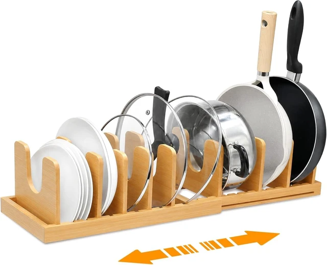 Main image of Bamboo Expandable Pot Lid Organizer, Pot and Pan Organizer Drawer Organizer for Pot Lids, Adjustable 10 U-Shaped Dividers for Kitchen Cabinet Organizers and Storage (Bamboo-1)