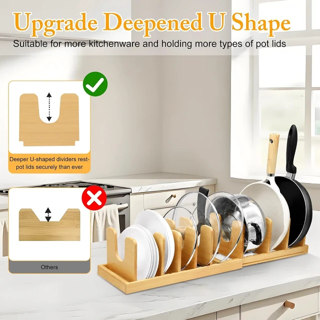 Alt view image 2 of 7 - Bamboo Expandable Pot Lid Organizer, Pot and Pan Organizer Drawer Organizer for Pot Lids, Adjustable 10 U-Shaped Dividers for Kitchen Cabinet Organizers and Storage (Bamboo-1)