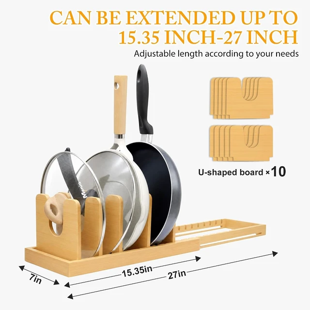 Alt view image 3 of 7 - Bamboo Expandable Pot Lid Organizer, Pot and Pan Organizer Drawer Organizer for Pot Lids, Adjustable 10 U-Shaped Dividers for Kitchen Cabinet Organizers and Storage (Bamboo-1)