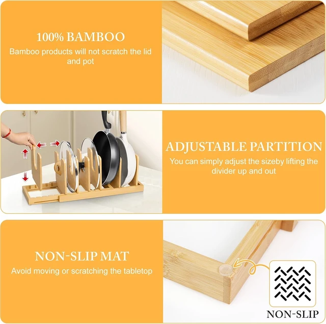 Alt view image 4 of 7 - Bamboo Expandable Pot Lid Organizer, Pot and Pan Organizer Drawer Organizer for Pot Lids, Adjustable 10 U-Shaped Dividers for Kitchen Cabinet Organizers and Storage (Bamboo-1)