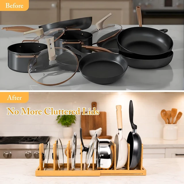 Alt view image 5 of 7 - Bamboo Expandable Pot Lid Organizer, Pot and Pan Organizer Drawer Organizer for Pot Lids, Adjustable 10 U-Shaped Dividers for Kitchen Cabinet Organizers and Storage (Bamboo-1)