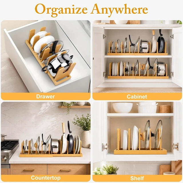 Alt view image 6 of 7 - Bamboo Expandable Pot Lid Organizer, Pot and Pan Organizer Drawer Organizer for Pot Lids, Adjustable 10 U-Shaped Dividers for Kitchen Cabinet Organizers and Storage (Bamboo-1)