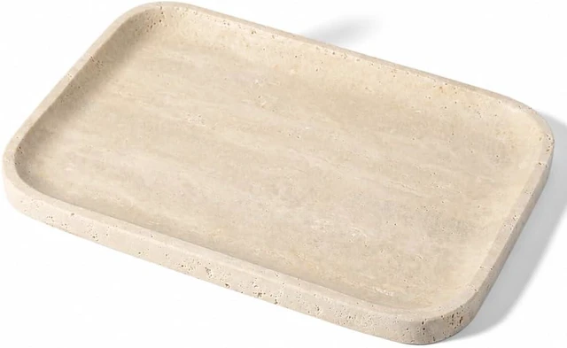 Main image of Romano Travertine Tray, 12"x8" Natural Stone Vanity Tray for Countertop Bathroom Kitchen Dresser, Decorative Marble Catchall Trays for Perfume Jewelry, Rectangular Serving Tray(Beige)