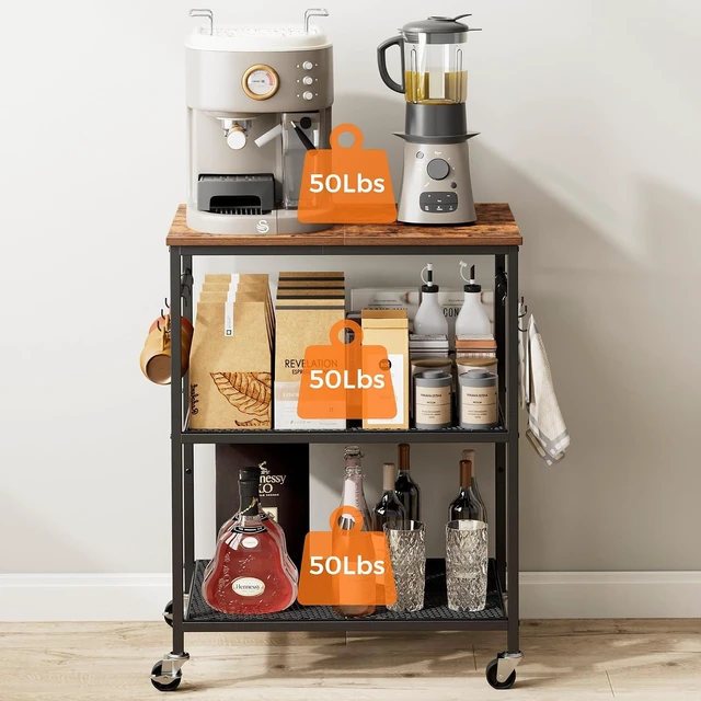Alt view image 6 of 7 - 3-Tier Rolling Kitchen Microwave Cart, Utility Cart