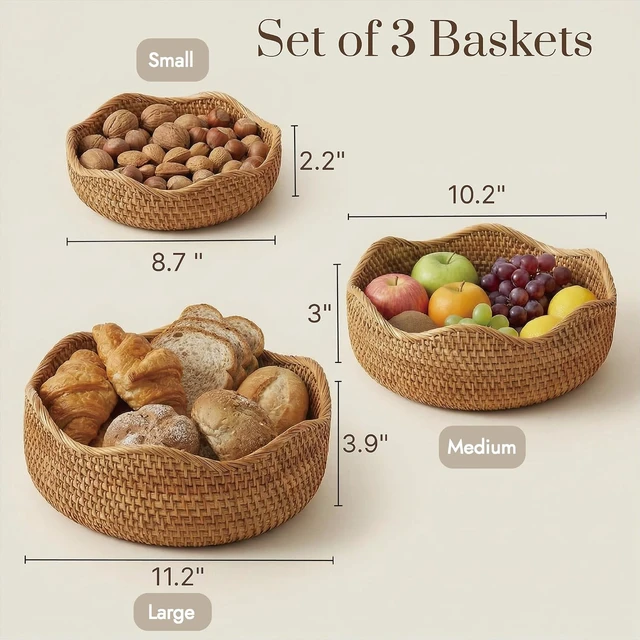 Alt view image 2 of 7 - Rattan Bread Basket, Round Fruit Baskets, Wicker Storage Bowls, Natural Woven Serving Basket Bowls, Decorative Baskets for Kitchen Counter Organizing