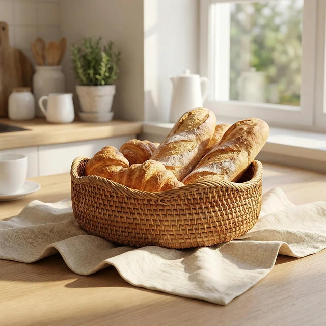 Alt view image 3 of 7 - Rattan Bread Basket, Round Fruit Baskets, Wicker Storage Bowls, Natural Woven Serving Basket Bowls, Decorative Baskets for Kitchen Counter Organizing