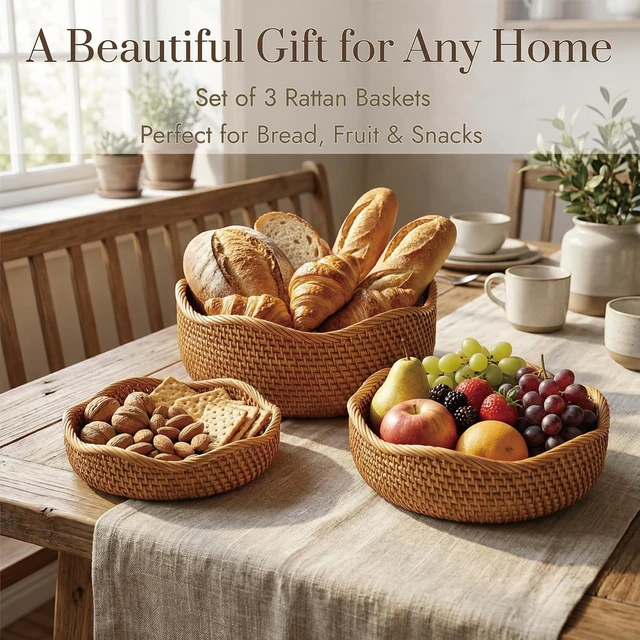 Alt view image 5 of 7 - Rattan Bread Basket, Round Fruit Baskets, Wicker Storage Bowls, Natural Woven Serving Basket Bowls, Decorative Baskets for Kitchen Counter Organizing