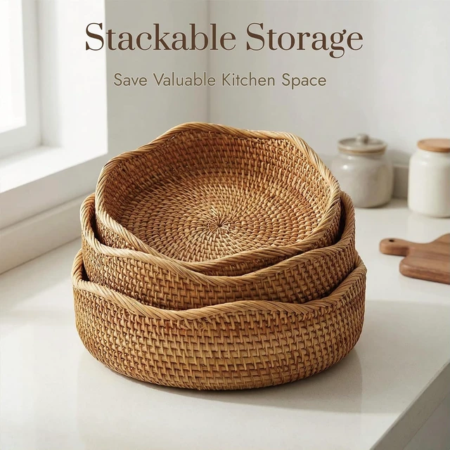 Alt view image 6 of 7 - Rattan Bread Basket, Round Fruit Baskets, Wicker Storage Bowls, Natural Woven Serving Basket Bowls, Decorative Baskets for Kitchen Counter Organizing
