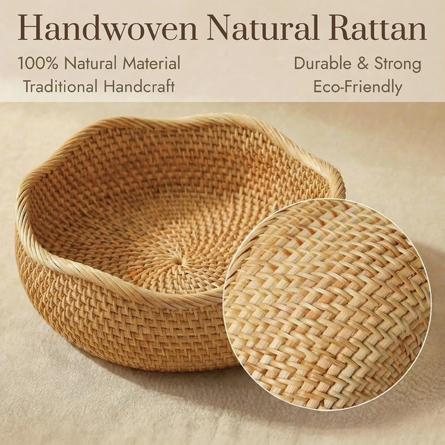 Alt view image 7 of 7 - Rattan Bread Basket, Round Fruit Baskets, Wicker Storage Bowls, Natural Woven Serving Basket Bowls, Decorative Baskets for Kitchen Counter Organizing