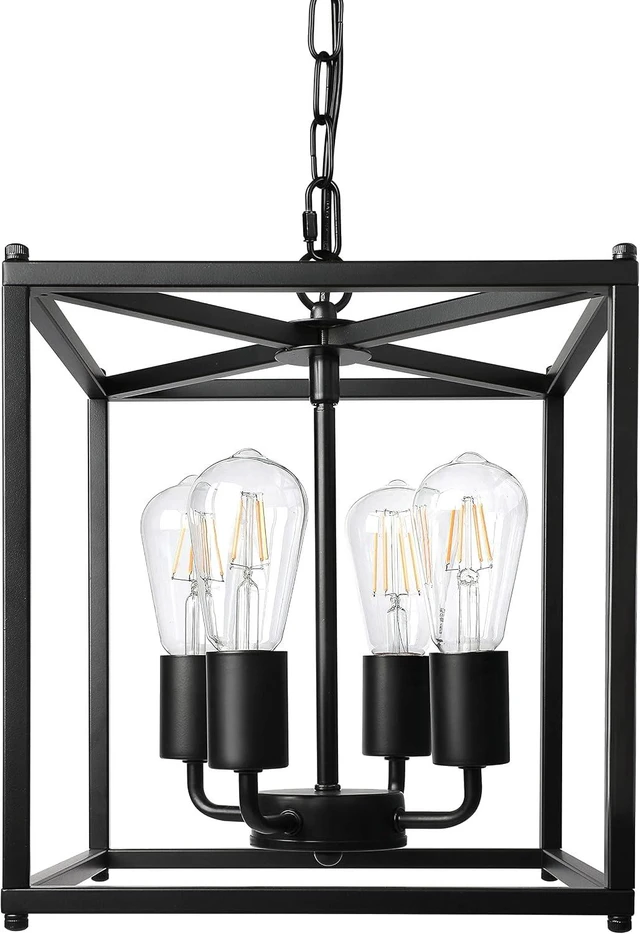 Main image of 4-Light Black Farmhouse Chandelier, Iron Lantern Pendant Light Rustic Cage Adjustable Height, E26 Base Industrial Hanging Lights for Kitchen Island Dining Room Hallway Foyer Entryway