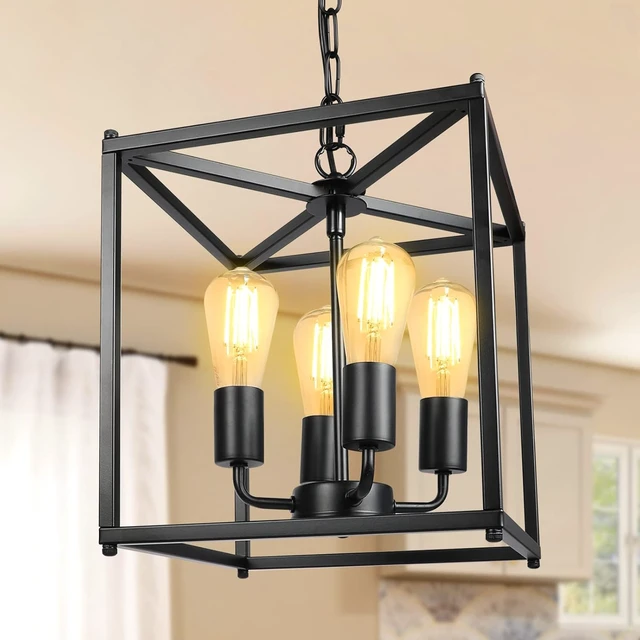 Alt view image 2 of 6 - 4-Light Black Farmhouse Chandelier, Iron Lantern Pendant Light Rustic Cage Adjustable Height, E26 Base Industrial Hanging Lights for Kitchen Island Dining Room Hallway Foyer Entryway
