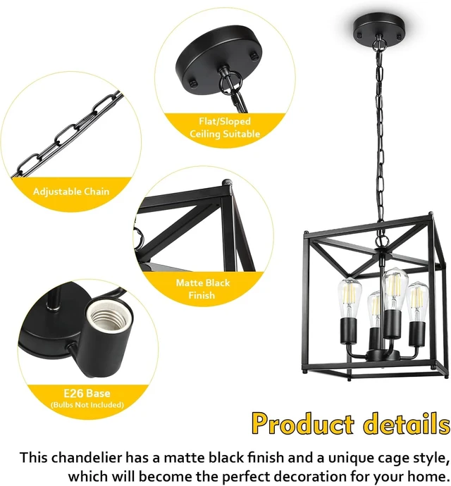 Alt view image 3 of 6 - 4-Light Black Farmhouse Chandelier, Iron Lantern Pendant Light Rustic Cage Adjustable Height, E26 Base Industrial Hanging Lights for Kitchen Island Dining Room Hallway Foyer Entryway