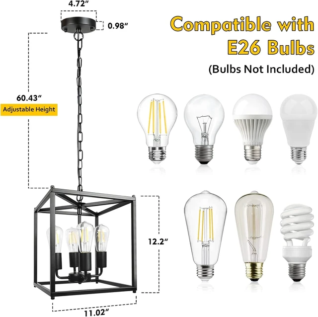 Alt view image 4 of 6 - 4-Light Black Farmhouse Chandelier, Iron Lantern Pendant Light Rustic Cage Adjustable Height, E26 Base Industrial Hanging Lights for Kitchen Island Dining Room Hallway Foyer Entryway