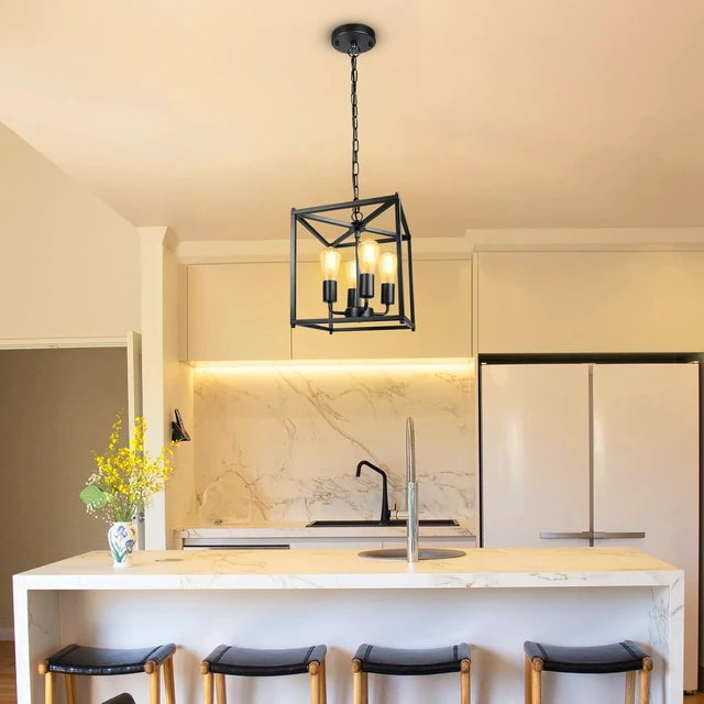 Alt view image 6 of 6 - 4-Light Black Farmhouse Chandelier, Iron Lantern Pendant Light Rustic Cage Adjustable Height, E26 Base Industrial Hanging Lights for Kitchen Island Dining Room Hallway Foyer Entryway