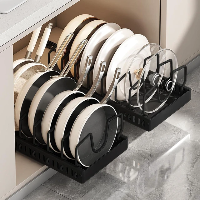 Main image of AmoiChic 2 Pack Pull Out Cabinet Organizer for Pots and Pans, Black Storage Rack with 8 Adjustable Dividers, Kitchen Cabinet Organizer for Pot Lids, Bakeware, Dishes Storage