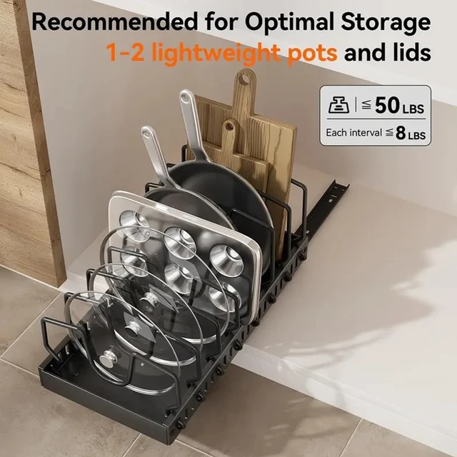 Alt view image 4 of 7 - AmoiChic 2 Pack Pull Out Cabinet Organizer for Pots and Pans, Black Storage Rack with 8 Adjustable Dividers, Kitchen Cabinet Organizer for Pot Lids, Bakeware, Dishes Storage