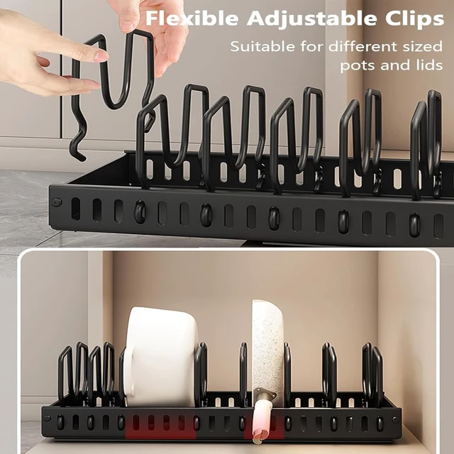 Alt view image 5 of 7 - AmoiChic 2 Pack Pull Out Cabinet Organizer for Pots and Pans, Black Storage Rack with 8 Adjustable Dividers, Kitchen Cabinet Organizer for Pot Lids, Bakeware, Dishes Storage