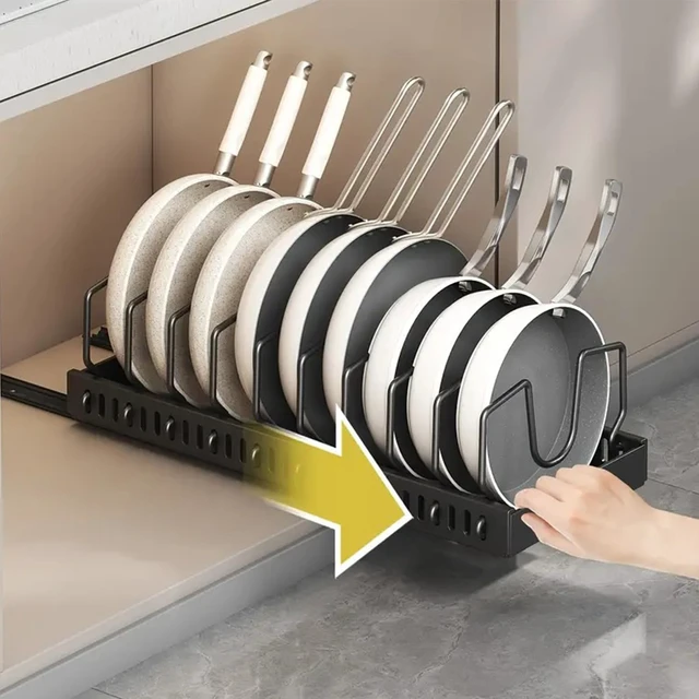 Alt view image 2 of 7 - AmoiChic 2 Pack Pull Out Cabinet Organizer for Pots and Pans, Black Storage Rack with 8 Adjustable Dividers, Kitchen Cabinet Organizer for Pot Lids, Bakeware, Dishes Storage
