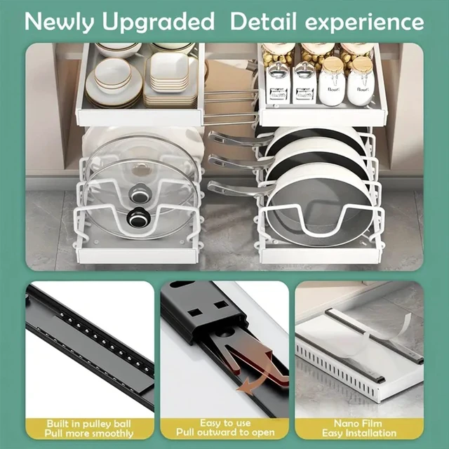 Alt view image 6 of 7 - AmoiChic 2 Pack Pull Out Cabinet Organizer for Pots and Pans, Black Storage Rack with 8 Adjustable Dividers, Kitchen Cabinet Organizer for Pot Lids, Bakeware, Dishes Storage