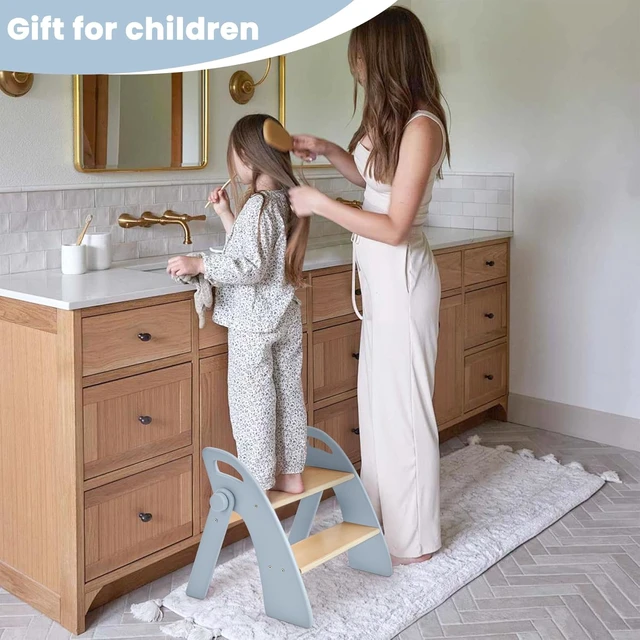 Alt view image 3 of 3 - Wooden 2 Step Stool for Toddlers, Foldable 2-Step with Non-Slip Pads and Handles, Bamboo Step Stool for Kids Bathroom Sink and Potty Training, Kitchen Helper, Nursery Bedroom(Blue)