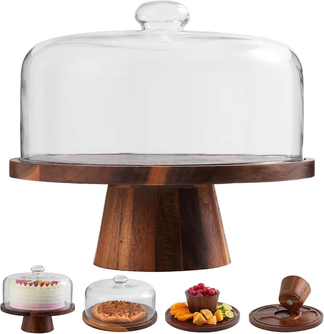 Main image of Acacia Wood Cake Stand with Glass Lid12" Magnetic Base for Parties&Kitchen
