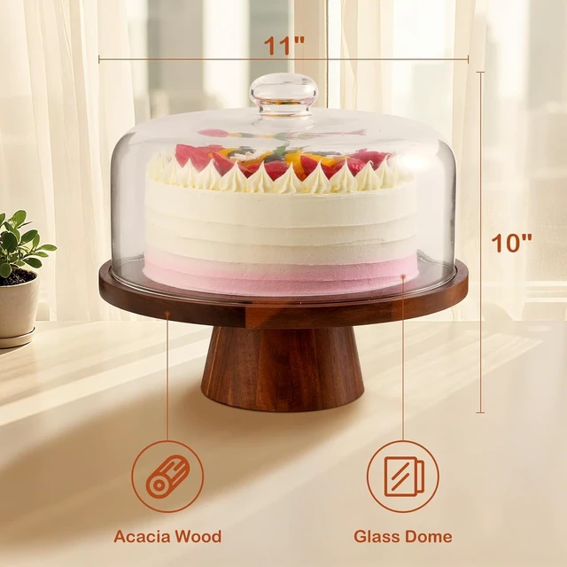 Alt view image 2 of 7 - Acacia Wood Cake Stand with Glass Lid12" Magnetic Base for Parties&Kitchen