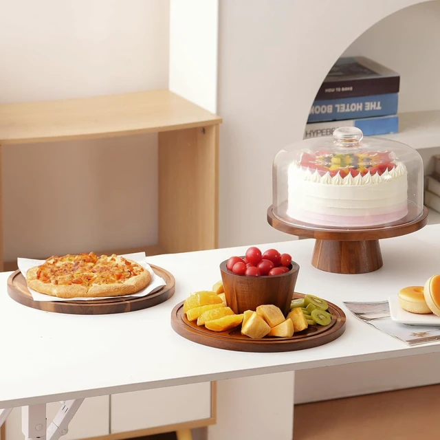 Alt view image 4 of 7 - Acacia Wood Cake Stand with Glass Lid12" Magnetic Base for Parties&Kitchen