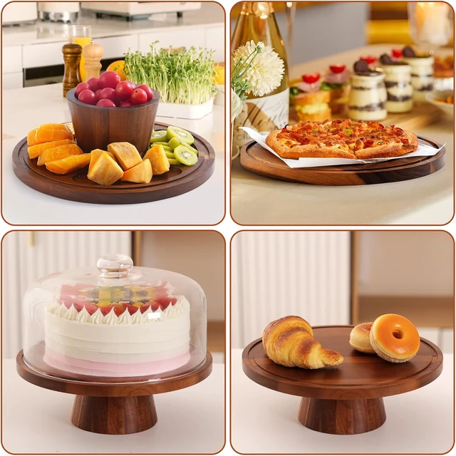 Alt view image 5 of 7 - Acacia Wood Cake Stand with Glass Lid12" Magnetic Base for Parties&Kitchen