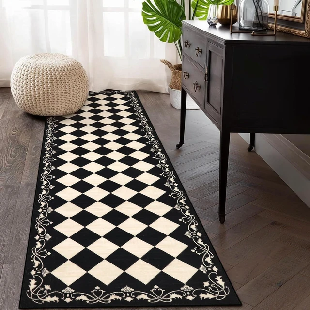 Main image of Checkered Bathroom Runner Rug 2x6, Black and White Washable Runners for Hallways Non Slip, Moroccan Trellis 2x6 Rug for Besides Laundry Kitchen, Checkerboard Stain Resistant Bathroom Decor