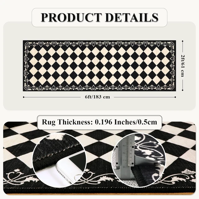 Alt view image 2 of 7 - Checkered Bathroom Runner Rug 2x6, Black and White Washable Runners for Hallways Non Slip, Moroccan Trellis 2x6 Rug for Besides Laundry Kitchen, Checkerboard Stain Resistant Bathroom Decor