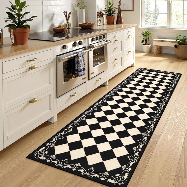 Alt view image 3 of 7 - Checkered Bathroom Runner Rug 2x6, Black and White Washable Runners for Hallways Non Slip, Moroccan Trellis 2x6 Rug for Besides Laundry Kitchen, Checkerboard Stain Resistant Bathroom Decor