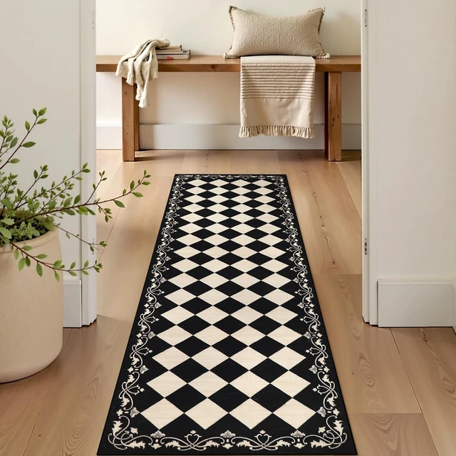 Alt view image 4 of 7 - Checkered Bathroom Runner Rug 2x6, Black and White Washable Runners for Hallways Non Slip, Moroccan Trellis 2x6 Rug for Besides Laundry Kitchen, Checkerboard Stain Resistant Bathroom Decor