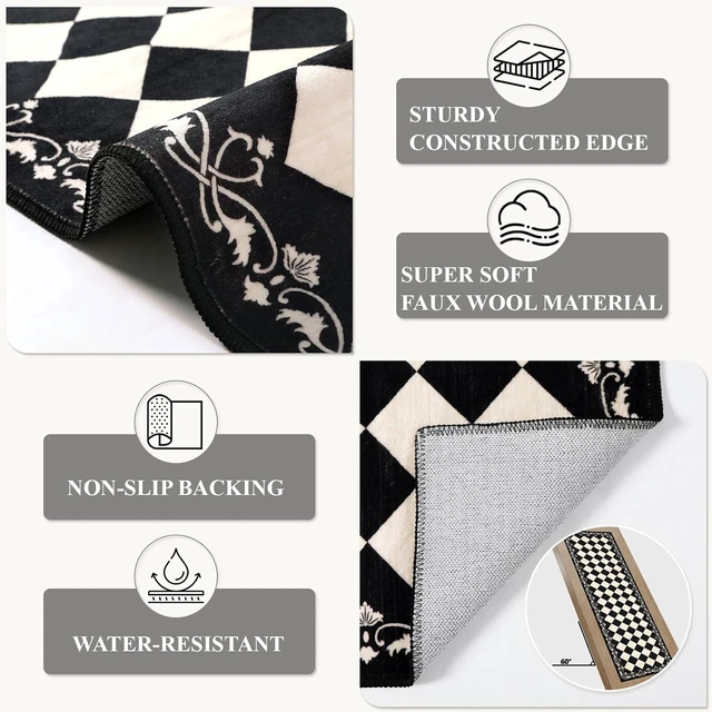 Alt view image 5 of 7 - Checkered Bathroom Runner Rug 2x6, Black and White Washable Runners for Hallways Non Slip, Moroccan Trellis 2x6 Rug for Besides Laundry Kitchen, Checkerboard Stain Resistant Bathroom Decor