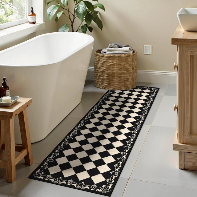 Alt view image 7 of 7 - Checkered Bathroom Runner Rug 2x6, Black and White Washable Runners for Hallways Non Slip, Moroccan Trellis 2x6 Rug for Besides Laundry Kitchen, Checkerboard Stain Resistant Bathroom Decor