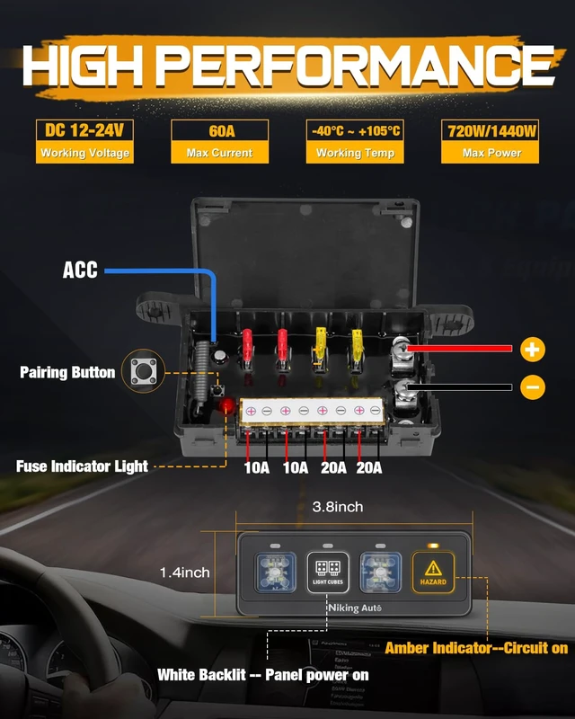 Alt view image 2 of 7 - Wireless 4 Gang Switch Panel, Multifunction Offroad LED Switch Pods with Toggle Pulse Auxiliary Universal Circuit Control 12V Relay System Control Box for Trucks SUV UTV Car Boat RV Marine