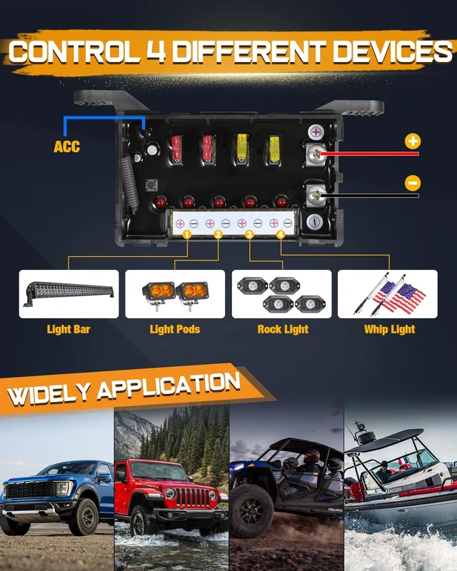 Alt view image 4 of 7 - Wireless 4 Gang Switch Panel, Multifunction Offroad LED Switch Pods with Toggle Pulse Auxiliary Universal Circuit Control 12V Relay System Control Box for Trucks SUV UTV Car Boat RV Marine