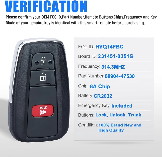 Alt view image 2 of 7 - Keyless Entry Remote Smart Key Fob Replacement 8A Chip for Toyota Prius 2016 2017 2018 2019 2020 2021 Board ID:231451-0351G P/N:89904-47530 FCC ID:HYQ14FBC